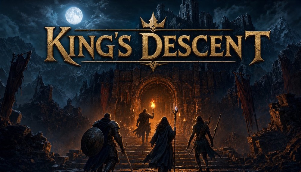 King's Descent key art: a party of four on a torchlit stair beneath the title lettering